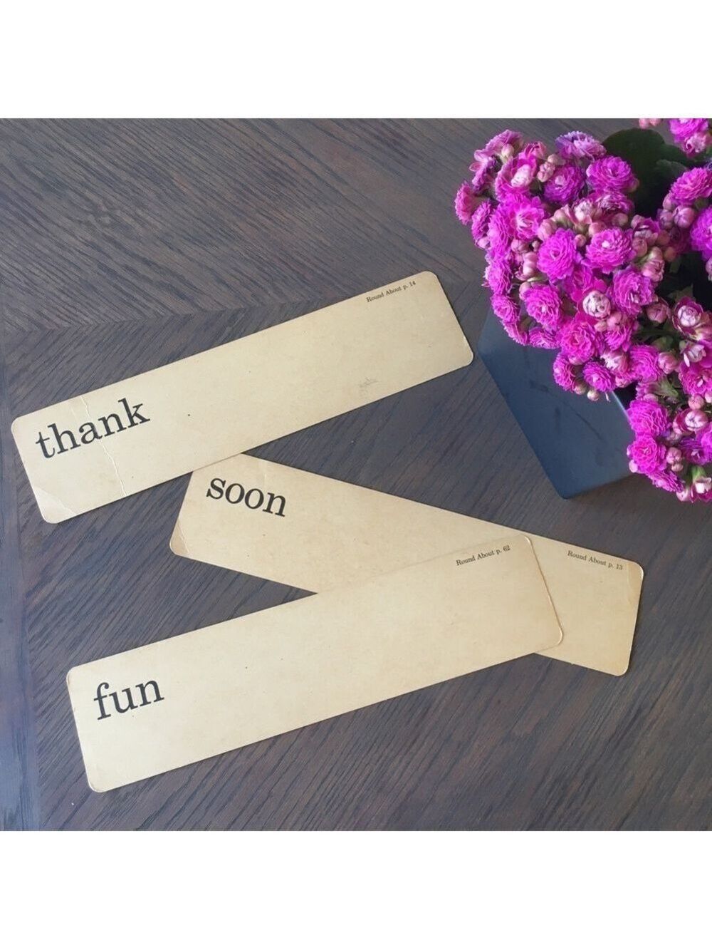Vintage flash cards set of 3 “THANK” “SOON” “FUN” horizontal - black on cream